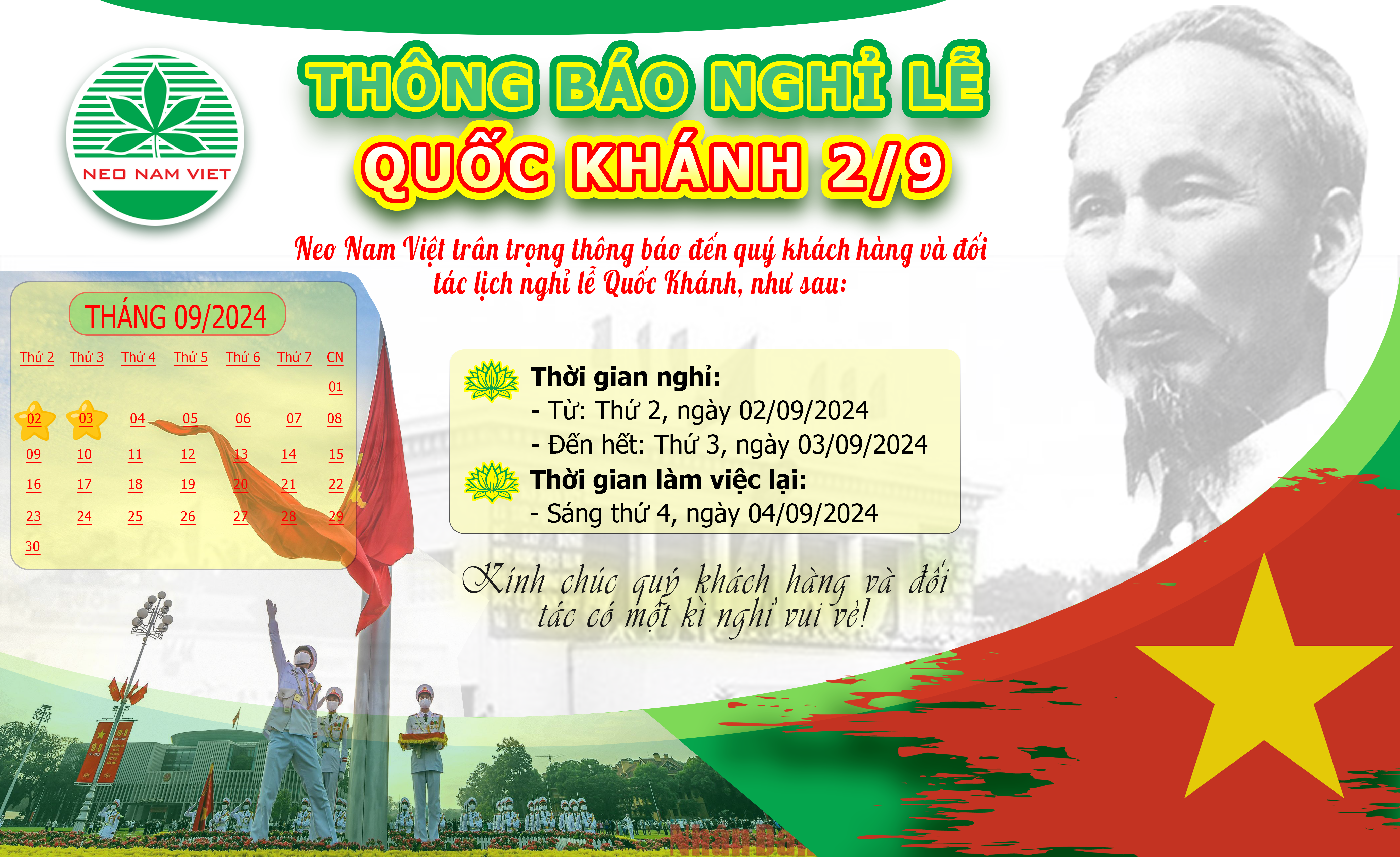 Thông báo lịch nghỉ Lễ Quốc Khánh 02/09/2024 || Neo Nam Việt